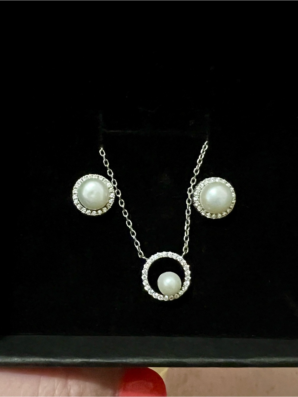 Helzberg Necklace Earrings Set Cultured Pearl CZ Pendant Pave Halo Sterling 925